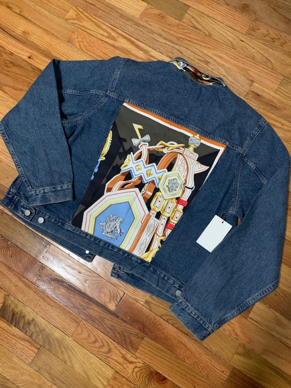Ascend Elevate Thyself Hermes scarf jean jacket